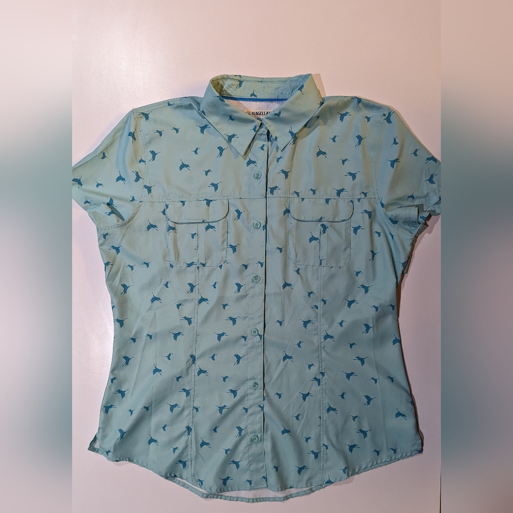 Magellan Outdoors Women's Laguna Madre Fishing Shirt Size Large Teal w/ Cranes